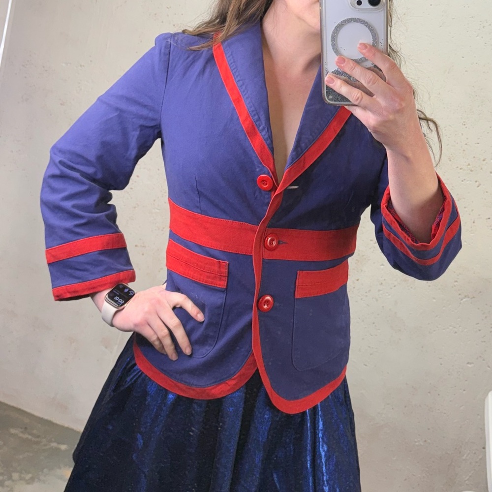 Anthropologie Tulle Blazer Jacket Navy Blue & Red Trim NEW With Tags Size Medium